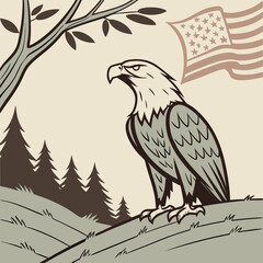 Obraz premium Monochromatic Eagle and Flag Landscape Representing American Patriotism and Freedom Concept