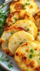 Crispy pan fried potato slices with fresh herbs garnish