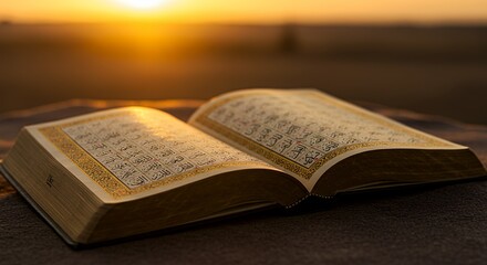 Obraz premium Open Book with Arabic Text at Sunset