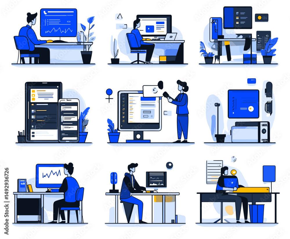 Poster nine scenes of digital interaction: an illustrated scene of individuals engaged in various tasks on 