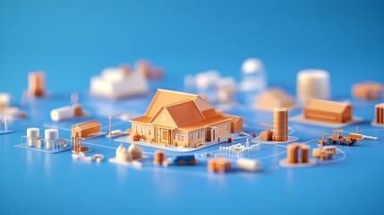 Low-poly 3D rendering of a farm scene, featuring a central house surrounded by various agricultural buildings, equipment, and fields, all on a light blue background