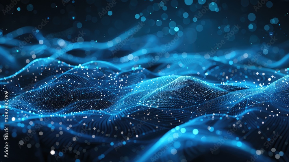 Poster abstract picture micro light sparkling particle represent data flow. vivid flowing wave with high te