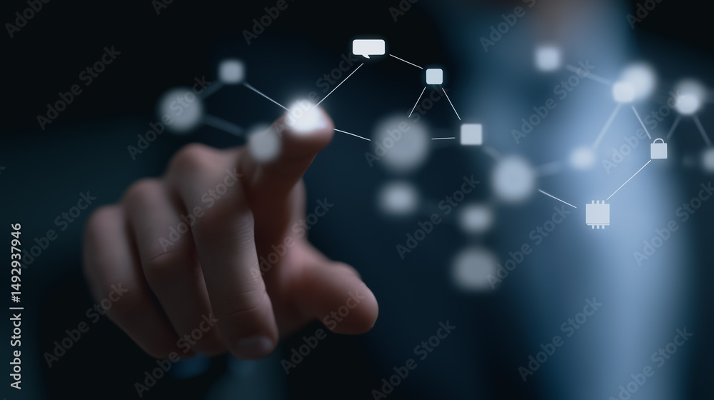 Sticker digital connectivity: a person's hand points towards a network of interconnected digital nodes, embo
