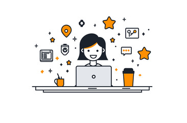 Digital Workspace: A vibrant digital illustration featuring a person engrossed in their work on a laptop. The artwork radiates positivity, creativity, and technological prowess.