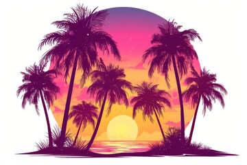 Colorful tropical sunset scene with palm trees.