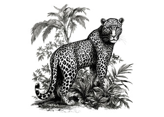 Leopard Engraved in Jungle Scene, Black Sketch, Vintage Wildlife Art, Hand-drawn Animal Print, Rustic Nature Drawing, Trendy Animal Wall Decor