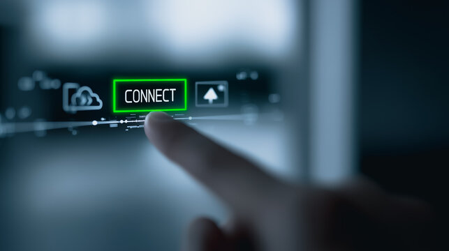 Connecting to the Digital World: A close-up of a finger pressing the glowing "Connect" button on a sleek, modern interface, symbolizing seamless access to digital realms and innovative connectivity.