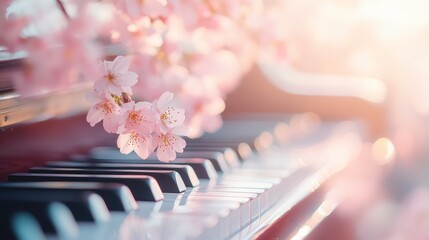 Pink cherry blossoms on a piano keyboard in sunlight.