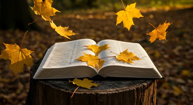 Open book and autumn leaf on wood in forest - Powered by Adobe