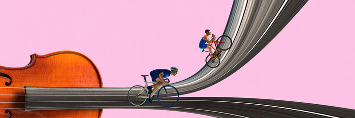 Two cyclists race and climb surreal violin string path over pink backdrop blending sport with...