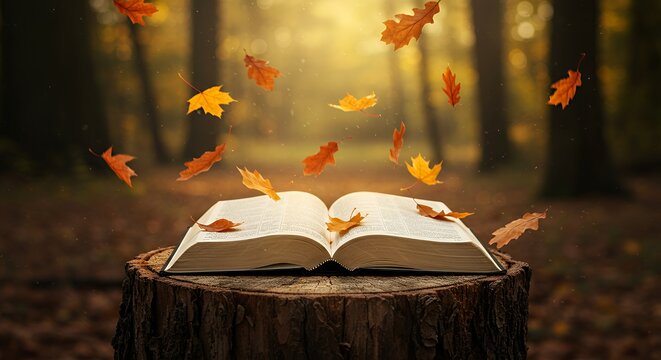 Open book with falling autumn leaves