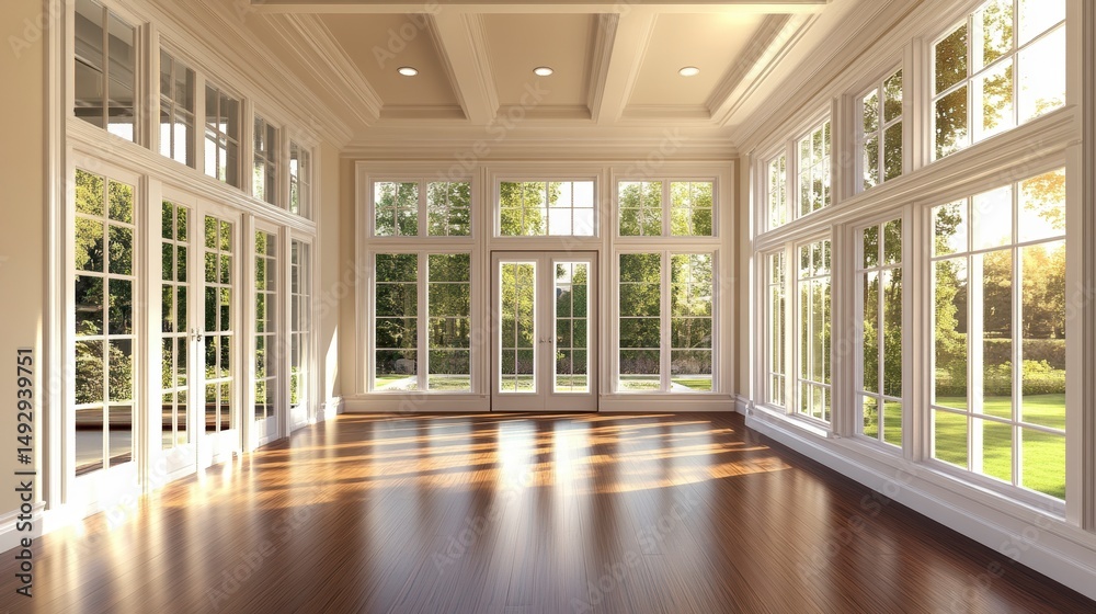 Poster sunlit empty room with hardwood floors and large windows showcasing a lush green garden view.
