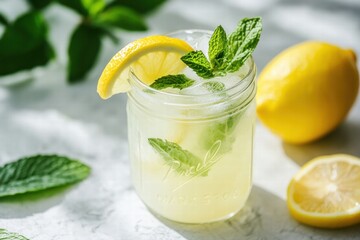 Fototapeta premium Lemonade with mint leaves and whole lemons