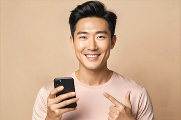 A smiling Asian man in a casual shirt holds a smartphone and points towards it with a friendly gesture.