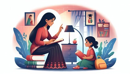 Loving Indian mother teaching her young daughter at home, promoting education and family values in a heartwarming scene