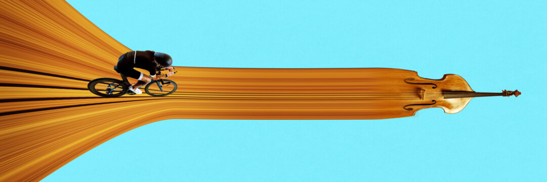 Female cyclist in motion, speeds along stretched cello surface as racing track on blue background. Stretch effect. Concept of sport, competition, surrealism. Contemporary art collage. - Powered by Adobe