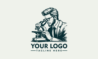 Vintage style male scientist carefully observed a microscope in laboratory research setting. Science concept
