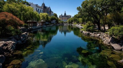 Fototapeta premium Lake reflects a building surrounded by trees under a clear blue sky.