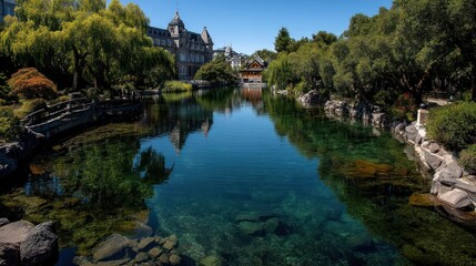Lake surrounded by trees with a building in the background under a blue sky.