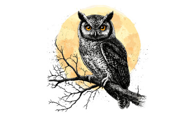 Engraved Owl Night Bird Art, Rustic Wildlife Design, Vintage Engraving Style, Hand-drawn Black Sketch, Nocturnal Animal Drawing, Nature Wall Decor