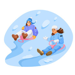 Two cheerful girls wearing winter clothes sledding on snow, cartoon style, on a blue background. Concept of outdoor winter fun. Vector illustration