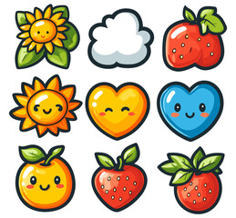 Cute Kawaii Icons: Collection of charming kawaii icons including sun, cloud, hearts and strawberries, perfect for cheerful designs.