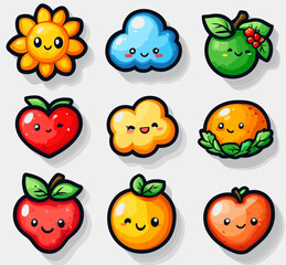 Cheerful Kawaii Food Set: Adorable and whimsical kawaii illustration set featuring smiling sun, apple, heart, cloud, orange, and strawberry characters, radiating positivity and playful charm.