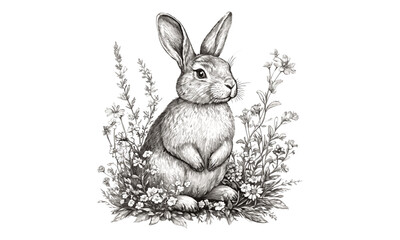 Hand-drawn Rabbit in Garden, Vintage Engraving Style, Black Sketch Art, Spring Wildlife Illustration, Rustic Animal Drawing, Nature Wall Print, woodland nursery art