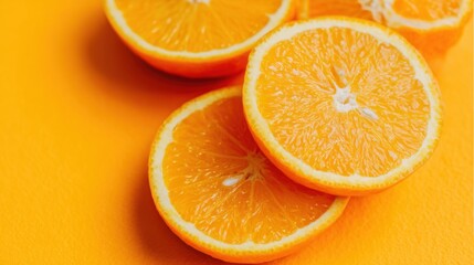 Fototapeta premium Sliced oranges on orange background, close up studio shot, vibrant color, healthy lifestyle, food photography, fresh fruit, citrus
