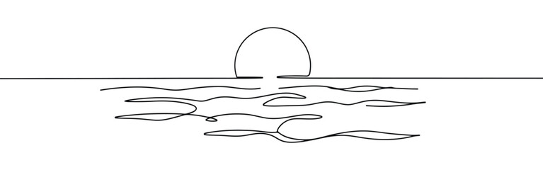 Sun on sea continuous one line drawing. Hand drawn sunshine.