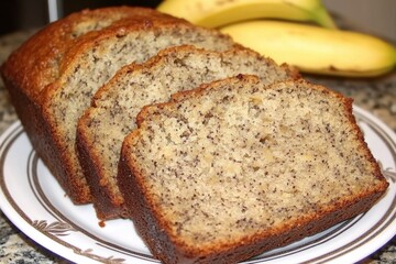 Sliced banana bread loaf on plate close up shot homemade baked dessert with fresh bananas on background
