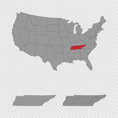 Tennessee map set with USA location, clean outline, and full county breakdown.