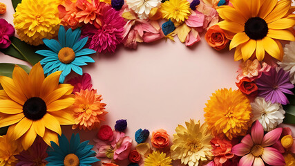 Obraz premium Vibrant floral frame with pink background