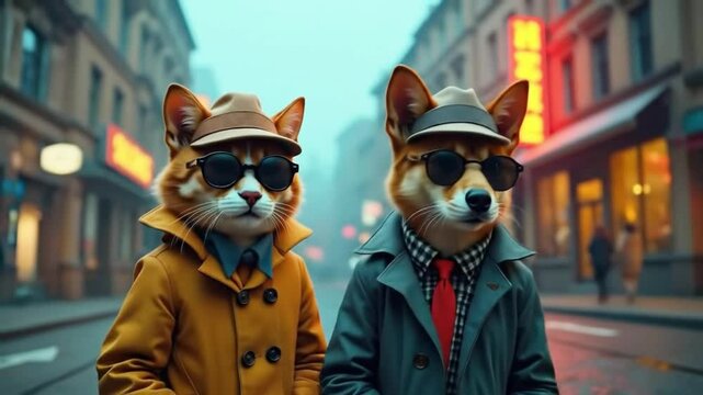 Stylish Anthropomorphic Cat and Dog in Trench Coats on City Street at Night

