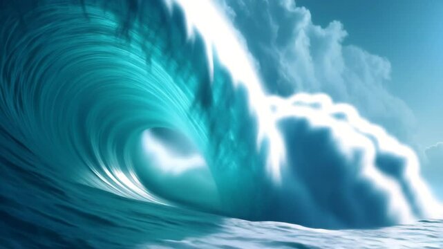 Ocean wave blue water sea surf nature power sky cloud sunlight motion as giant turquoise ocean wave curls and crashes with dramatic force stormy sky, vibrant blue water and sea spray showcase dynamic
