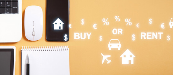 Buy or Rent. Real estate. Transports with a currency and percent symbols