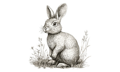 Vintage Rabbit in Meadow, Rustic Hand-drawn Line Sketch, Wildlife Illustration, Black Engraving Art, Nature-Inspired Decor, Retro Forest Scene, country farmhouse wall print