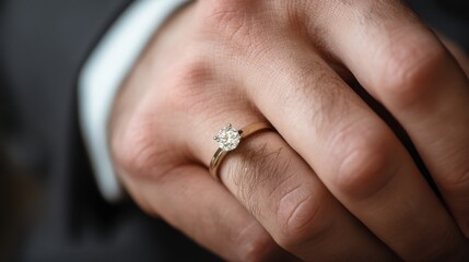 Hand wearing a gold engagement ring with a diamond on a blurred background.
