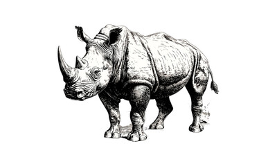 Obraz premium Hand-drawn Wildlife Art, Engraved Rhino in Savanna, Safari Animal Design, Black Sketch Effect, Rustic Vintage Drawing, Nature Print, Safari Wall Decor