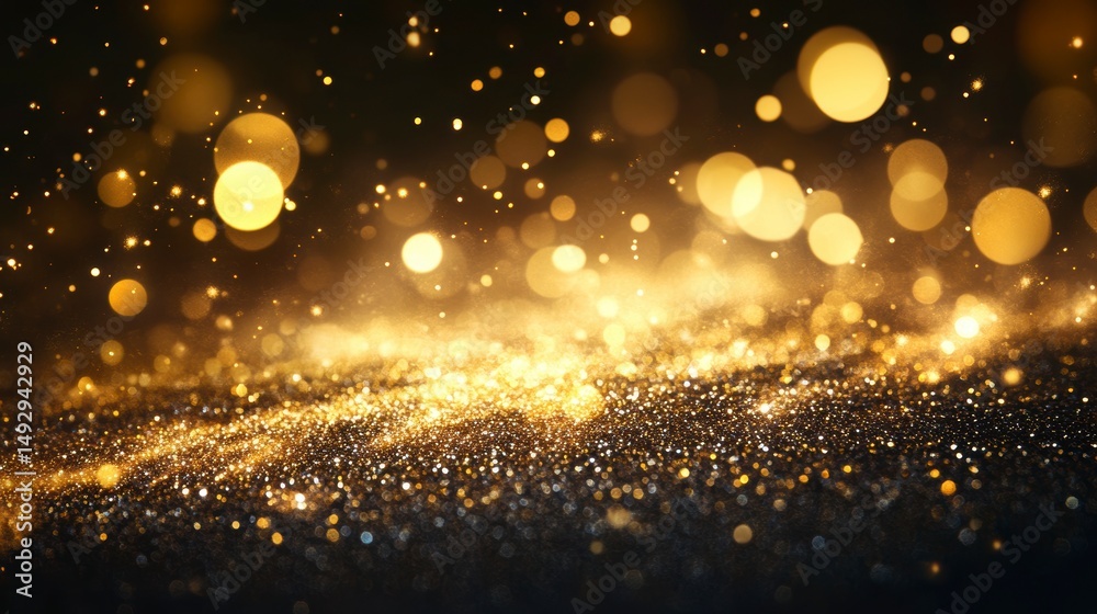 Aufkleber sparkling gold glitter on black background with bokeh lights.