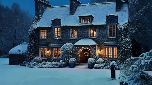stone house in winter snow landscape with warm light coming from windows in evening