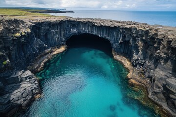 Stunning coastal cave with crystal clear waters and rocky cliffs located on the edge of a serene ocean