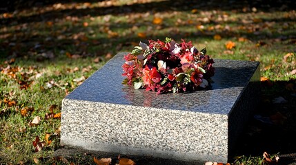 A floral wreath sits atop a granite gravestone in a cemetery with fallen leaves on the ground