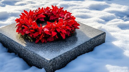 Red wreath on a granite tombstone covered in snow in a winter cemetery memorializing the deceased