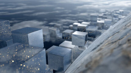 Floating Transparent Cubes with Stars Above Curved Planet Surface