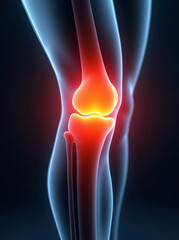 Detailed medical visualization of a human knee joint with highlighted inflammation or pain area in bright red and orange hues new image science.