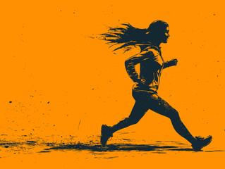 Naklejka premium Dynamic Runner Silhouette: Capturing the essence of motion, this image portrays a determined runner in silhouette against a vibrant orange backdrop. This bold composition.