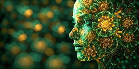 Profile of a humanlike botanical figure with green skin and floral gold markings is visible
