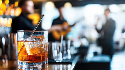 Vibrant bar scene featuring glass of whiskey with ice, showcasing live band in background, creating lively atmosphere