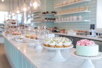 Fototapeta premium Elegant Bakery Display Featuring Cakes, Cupcakes, and Pastries in a Bright and Modern Setting with Soft Lighting and Inviting Atmosphere
